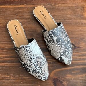NEW!  Qupid Snakeskin Pattern Mules - Black, gray, taupe and white.